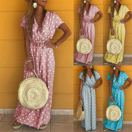 Short Sleeve Polka Dot Maxi Dress V-neck Vintage Dresses for Women PQOM9063