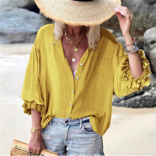 Loose Polka Dot Printed Tops Long Ruffle Sleeve Shirt PQOM9103C