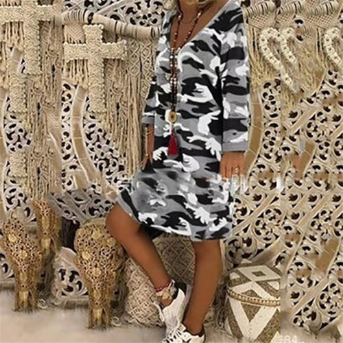 Autumn Loose Casual Midi Dress Long Sleeve Printed Dresses PQOM9109E