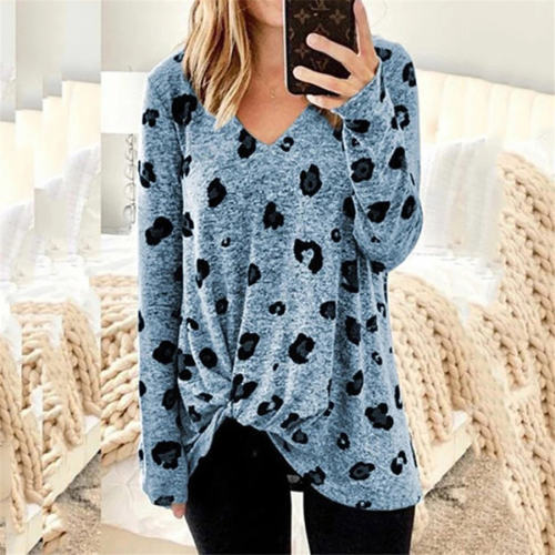 Twist Long Sleeve Women Tops Autumn V-neck Printed T-shirt PQOM9107C