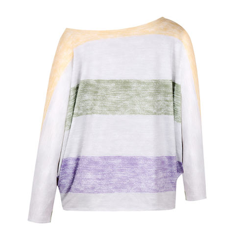 Loose Striped Printed Tops Round Neck Long Bat Sleeve T-shirt PQOM9088