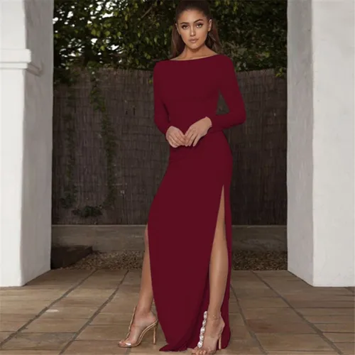 High Split Solid Solor Party Dress Women Sexy Evening Dresses PQOM9078F