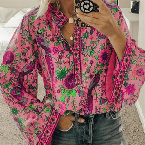 Winter Long Sleeve Shirts Peacock Print Loose Blouse Plus Size Tops PQOM9070H