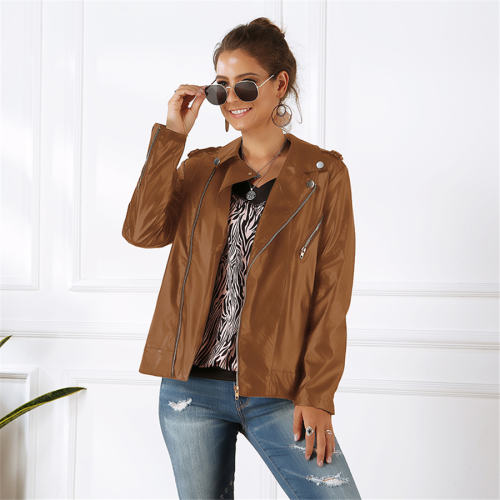 Long Sleeve PU Jacket Winter Faux Leather Coats with Zipper PQOM9072D