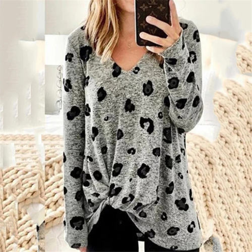 Twist Long Sleeve Women T-shirt V-neck Printed Tops PQOM9107B