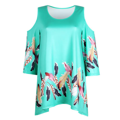 Loose Off-shoulder Tops Floral Printed Mid-length T-shirt for Women PQOM9069