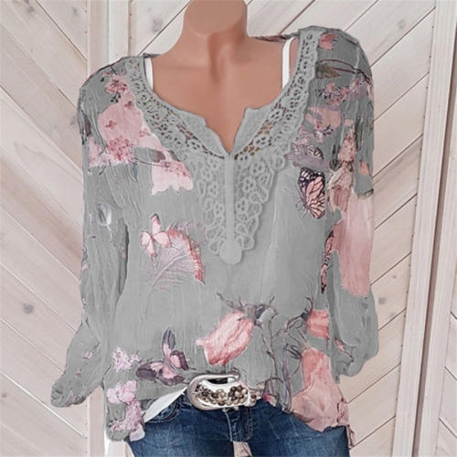 V-neck Floral Print Tops Chiffon Shirts for Women PQOM9061A