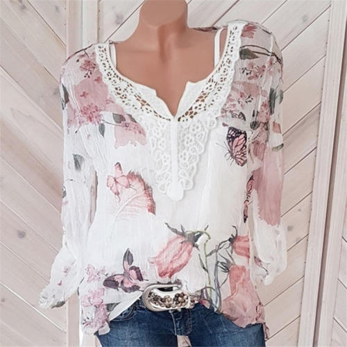 V-neck Floral Print Tops Chiffon Shirts for Women PQOM9061A