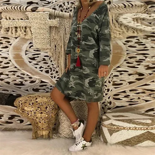 Long Sleeve Mid-length Casual Dress Loose V-neck Printed Dresses PQOM9109B