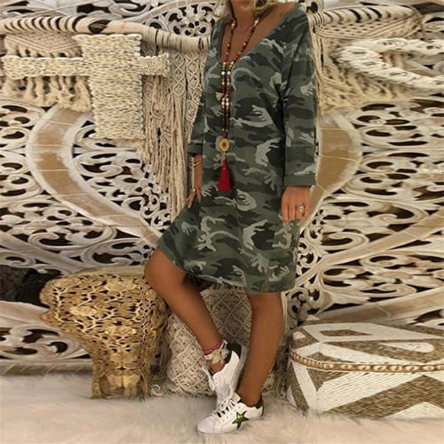 Long Sleeve Mid-length Casual Dress Loose V-neck Printed Dresses PQOM9109B
