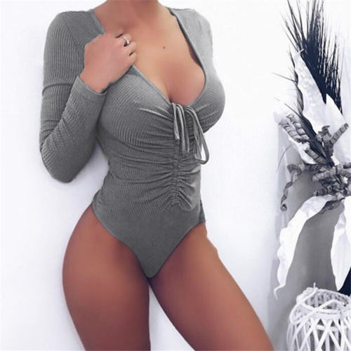 Sexy Slim Drawstring Swimwear Long Sleeve One Piece Swimsuit PQOM9081A