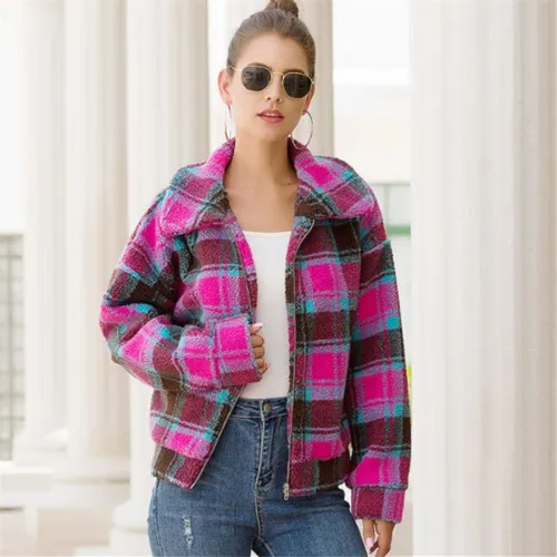 Plaid Print Wool Short Coat for Autumn and Winter PQOM9092A