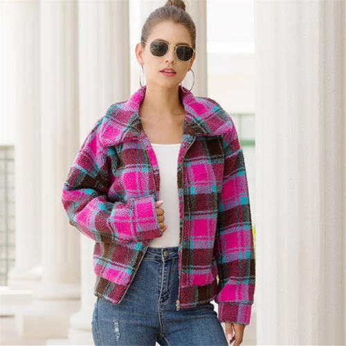 Plaid Print Wool Short Coat for Autumn and Winter PQOM9092A