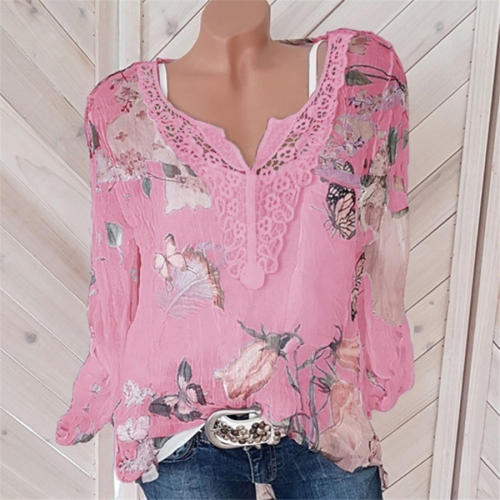 Long Sleeve Chiffon Tops for Women Plus Size Floral Print Shirts PQOM9061E