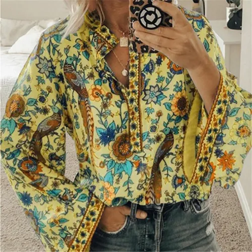 Yellow Autumn Long Sleeve Blouse Peacock Print Loose Shirt Plus Size Tops PQOM9070E