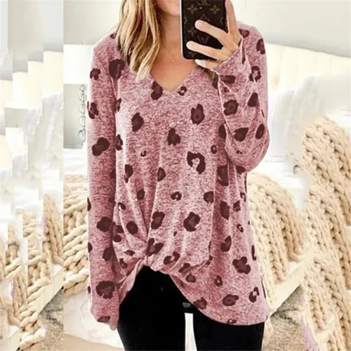V-neck Printed Tops Twist Long Sleeve Women's T-shirt PQOM9107A