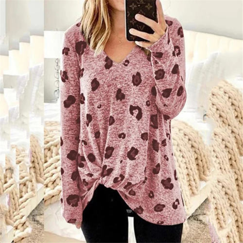 V-neck Printed Tops Twist Long Sleeve Women's T-shirt PQOM9107A