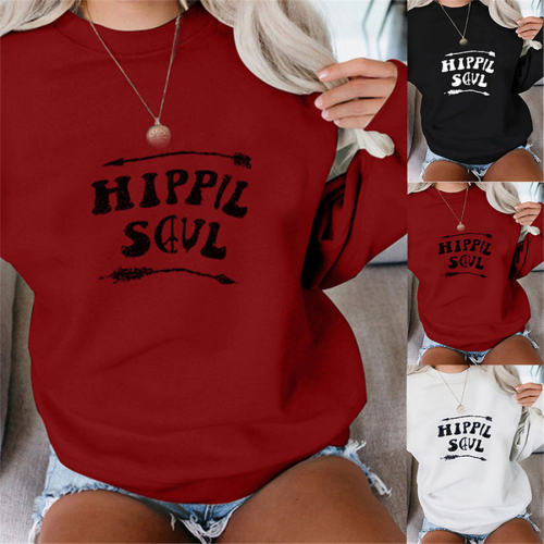 Loose Round Neck Hoodies for Women Long Sleeve Printed Sweaters PQOM9085