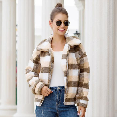 Winter Fleece Coat Plaid Print Wool Short Coat for Autumn PQOM9092B