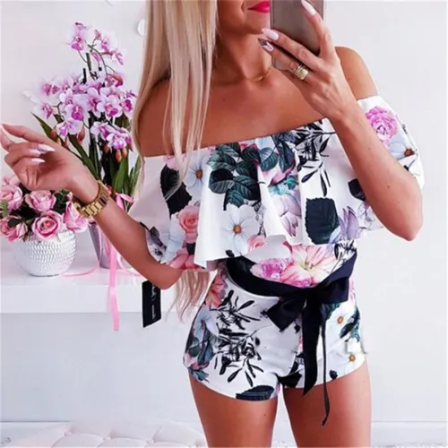 Sexy Floral Printed Off-shoulder Jumpsuit For Women Summer Rompers PQOM9076