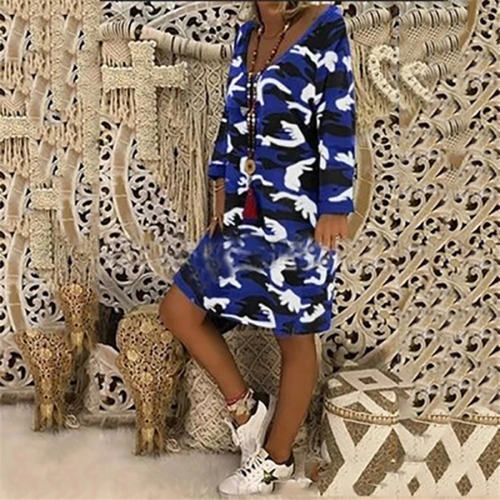 Long Sleeve Mid-length Printed Dresses Loose V-neck Casual Dress PQOM9109C