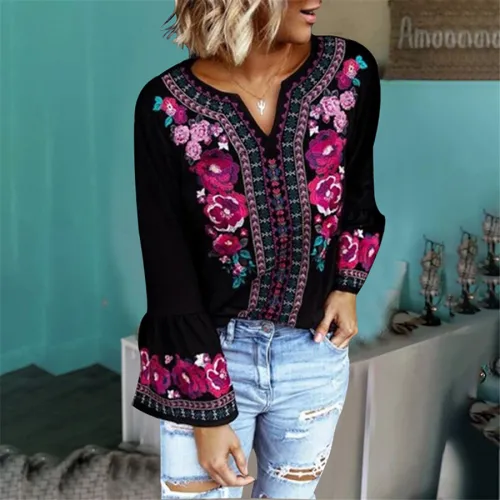 Long Sleeve Floral Printed Tops Loose Vintage T-shirt PQOM9171C