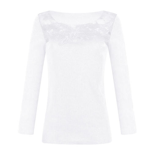 Lace Patchwork Autumn T-shirts Slim Solid Color Sexy Tops PQOM9168