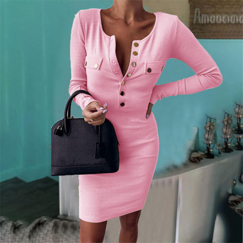 Round Neck Long Sleeve Autumn Mini Dress Sexy Bodycon Dresses PQOM9177A