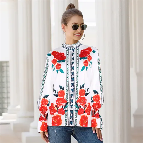Stand Collar Floral Printed Tops Lantern Sleeve Shirt For Women PQOM9101B