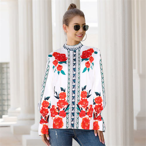 Stand Collar Floral Printed Tops Lantern Sleeve Shirt For Women PQOM9101B