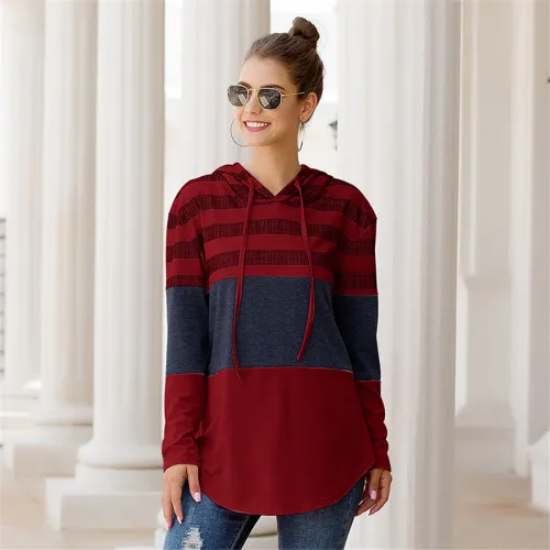 Autumn Casual Tops Loose Long-sleeved Striped Printed Hoodies PQOM9113B