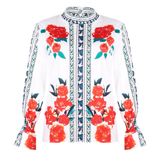 Stand Collar Floral Printed Tops Lantern Sleeve Shirt For Women PQOM9101B