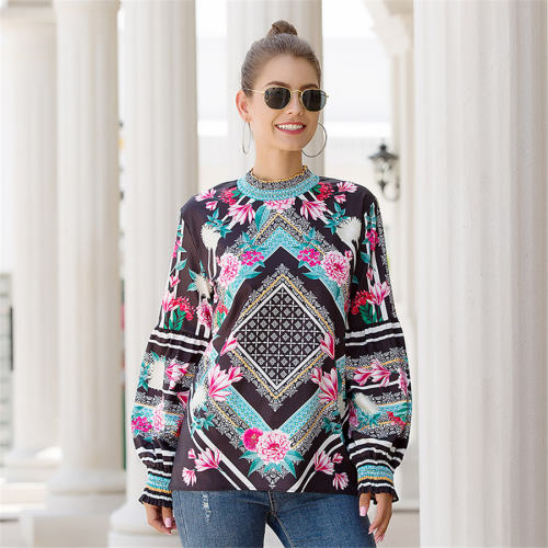 Stand Collar Printed Tops Lantern Sleeve Shirt For Women PQOM9100A