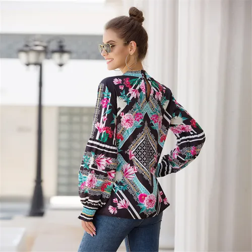 Stand Collar Printed Tops Lantern Sleeve Shirt For Women PQOM9100A