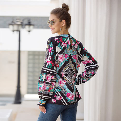 Stand Collar Printed Tops Lantern Sleeve Shirt For Women PQOM9100A