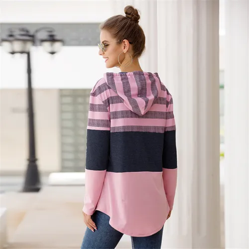 Loose Long-sleeved Striped Printed Hoodies Autumn Casual Tops PQOM9113A