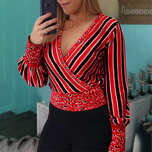 Deep V-Neck Criss-Cross Blouses for Women Sexy Stripe Print Top PQOM9175B