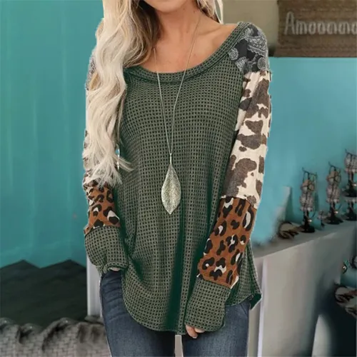 Long-sleeved Autumn T-shirt Leopard Print Top for Women PQOM9170B