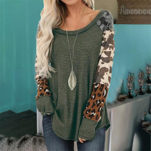 Long-sleeved Autumn T-shirt Leopard Print Top for Women PQOM9170B