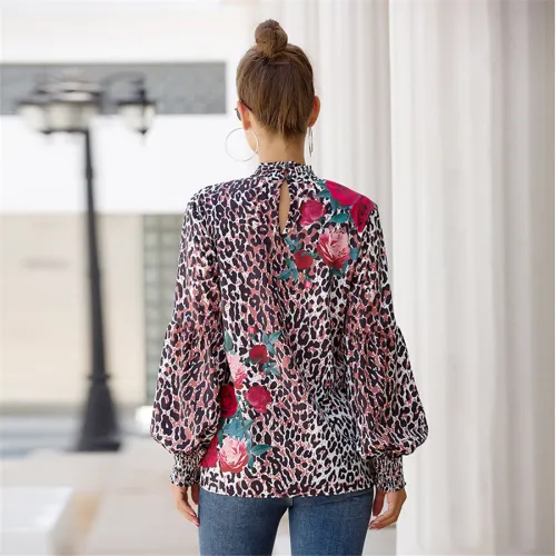 Lantern Sleeve Shirt For Women Stand Collar Printed Tops PQOM9100B