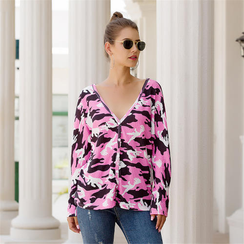 V-neck Tops Camouflage Printed Women T-shirt Long Sleeve Cardigan PQOM9116B