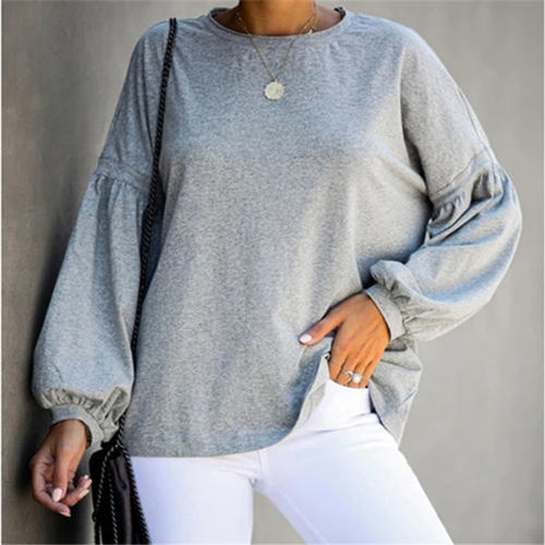 Round Neck Autumn Loose T-shirt Long Puff Sleeve Tops For Women PQOM9119D