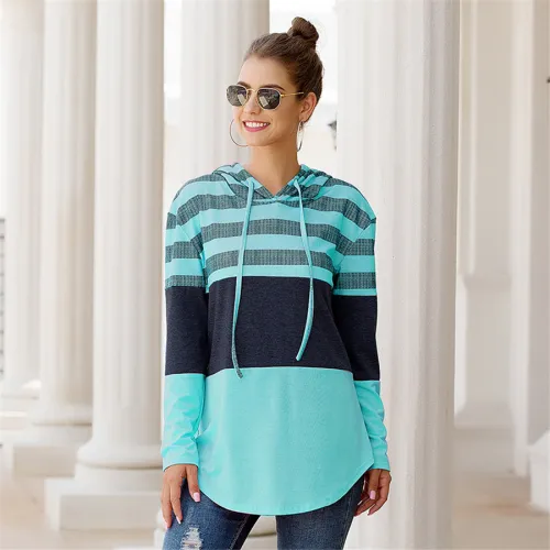 Autumn Loose Hoodies Fashion Printed Tops Striped Casual T-shirts PQOM9113F