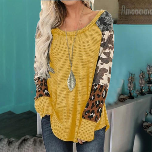 Long-sleeved Autumn T-shirt Leopard Print Top for Women PQOM9170B