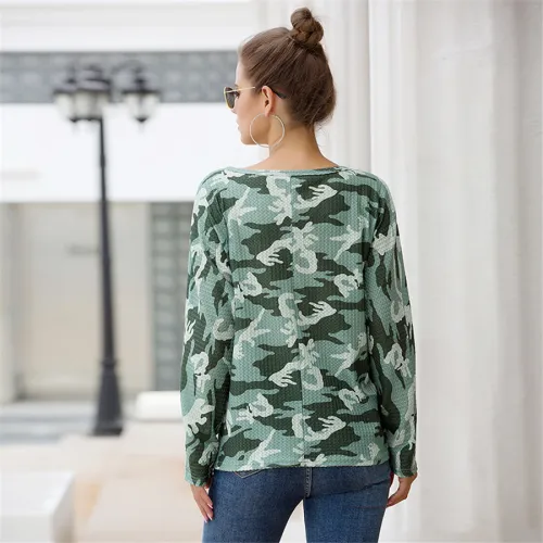 Long Sleeve Cardigan V-neck Tops Camouflage Printed Women T-shirt PQOM9116A