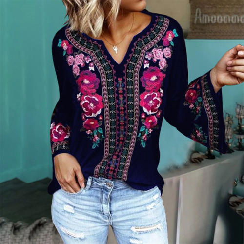 Loose Vintage Tops Long Sleeve Floral Printed T-shirt PQOM9171A