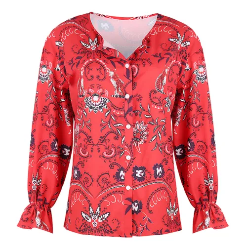 V-neck Chiffon Blouses Sexy Print Long-sleeved Shirts PQOM9106A