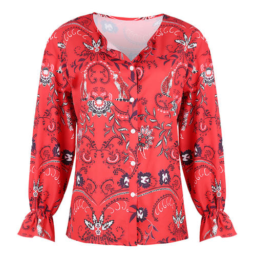 V-neck Chiffon Blouses Sexy Print Long-sleeved Shirts PQOM9106A