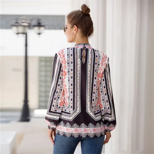 Autumn Retro Tops for Women Loose Long-sleeved Ethnic Printed Shirt PQOM9102