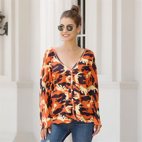 V-neck Tops Camouflage Printed Women T-shirt Long Sleeve Cardigan PQOM9116B